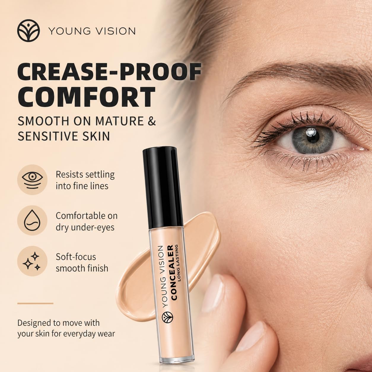 YOUNG VISION Corretivo líquido de cobertura total, bronzeado médio, corretivo sob os olhos à prova d'água para olheiras, manchas e vermelhidão, corretor cremoso de longa duração, acabamento fosco - Imagem 5